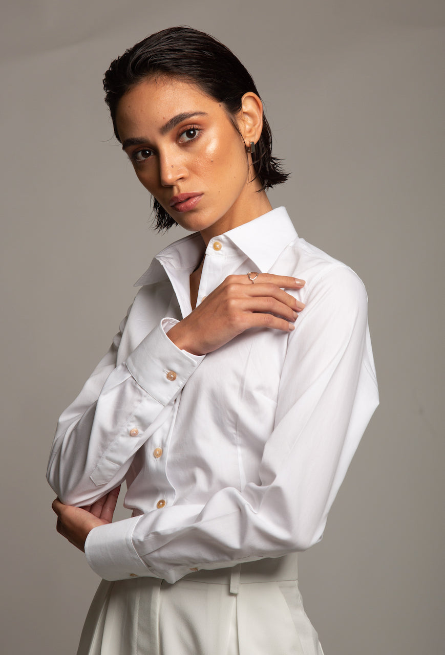 Camisa Social Feminina Branco Cetim