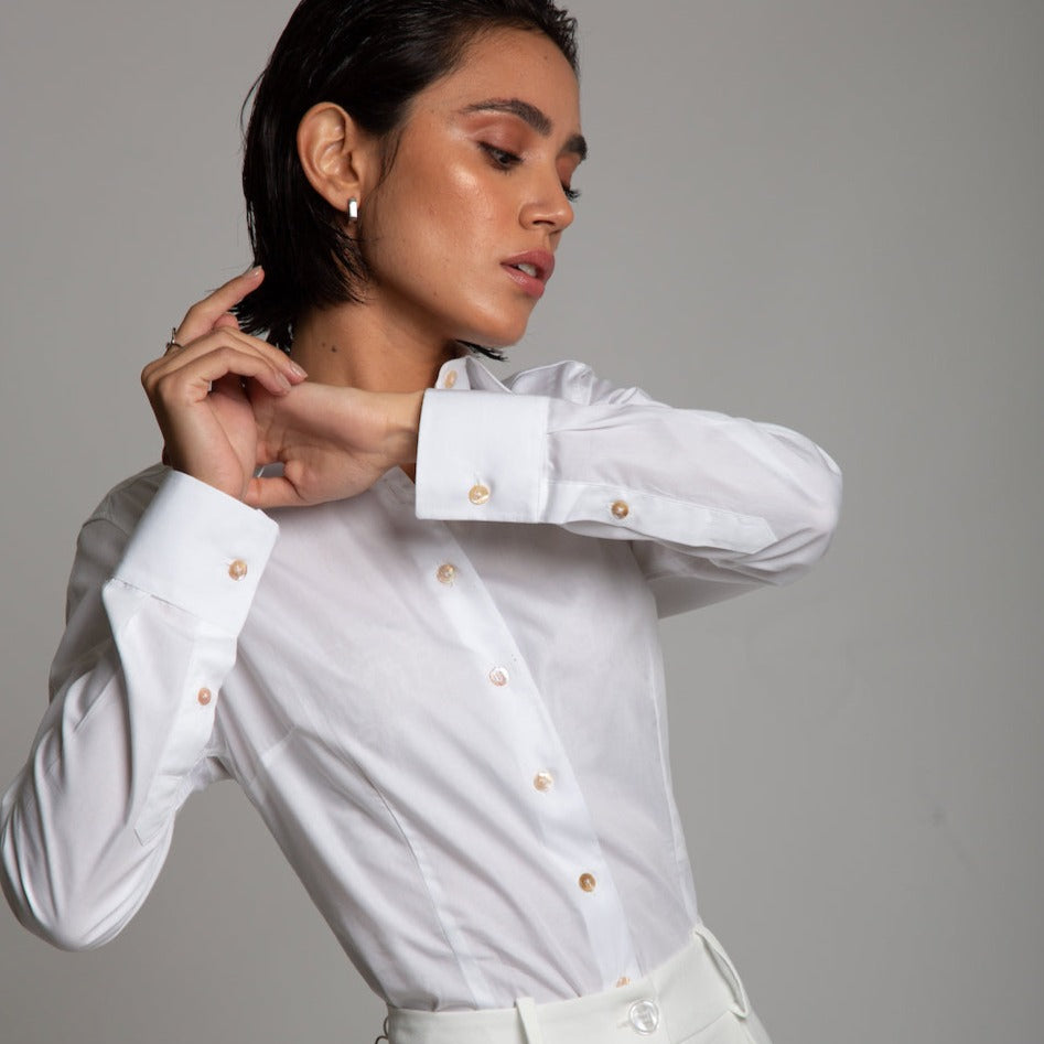 Camisa Social Feminina Branco Cetim